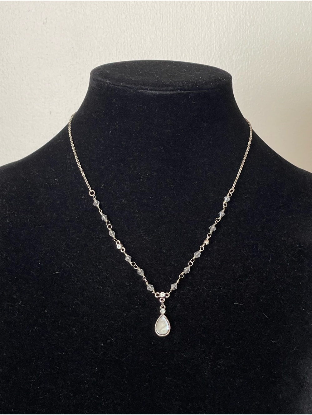 1928 Silver-Tone Teardrop Pendant Necklace with  Beads. Y-drop